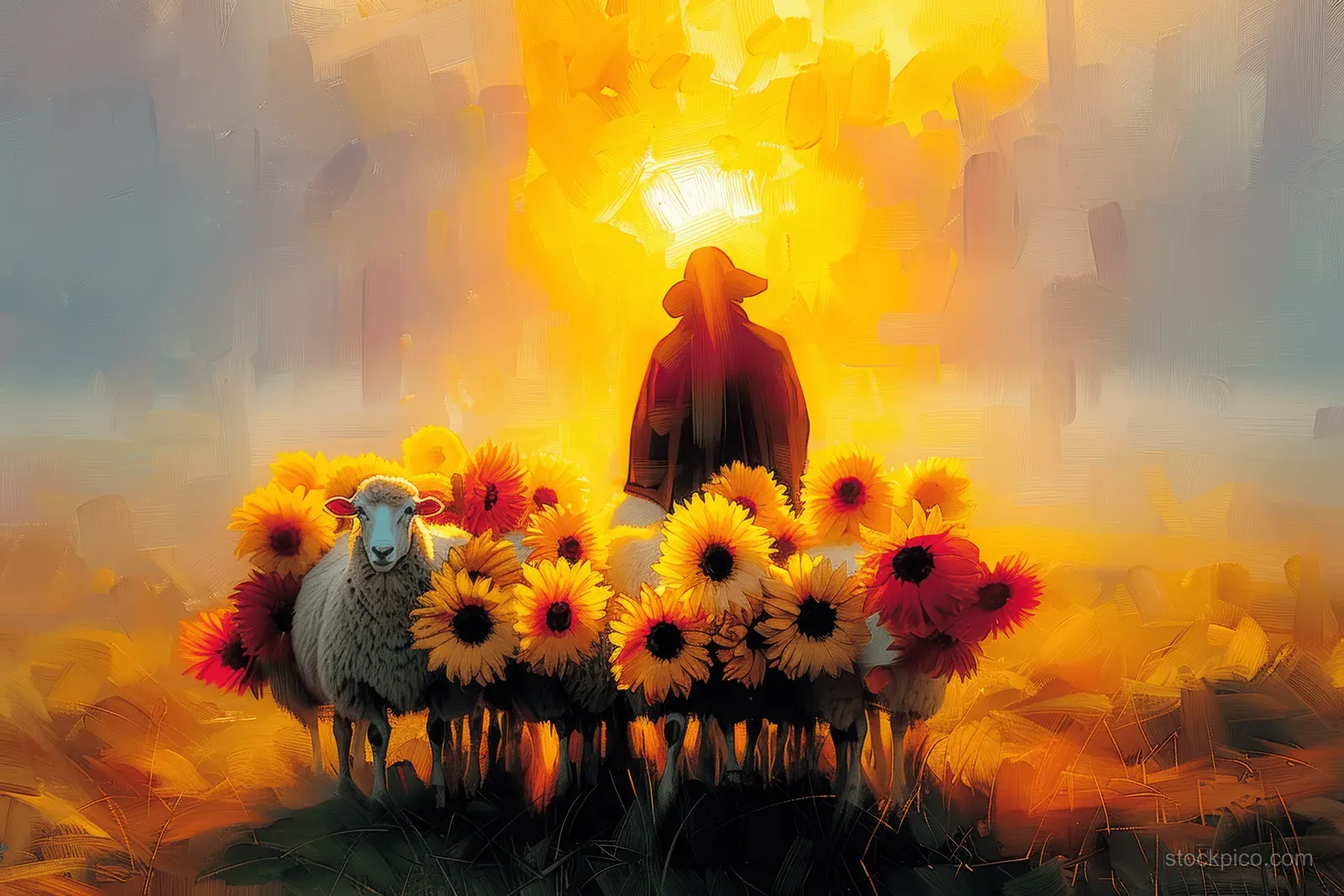 A silhouetted shepherd stands among sunflowers with a flock of sheep against a misty sunrise backdrop.