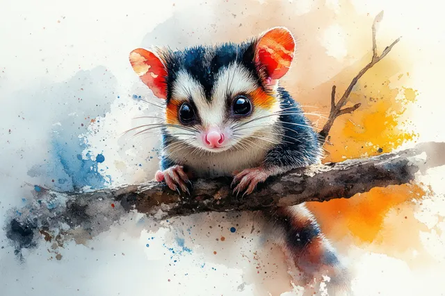 Cute sugar glider perched on a branch, watercolor splashes and soft glow