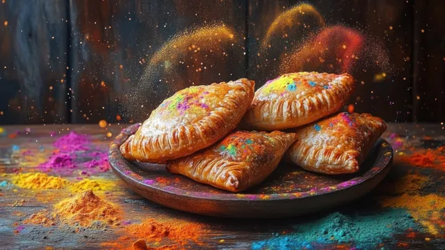 Golden fried pastries sit on a wooden plate as colorful festival powders burst around them.