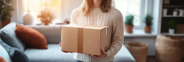 Woman carrying a cardboard box in a new apartment living room near a bright window.