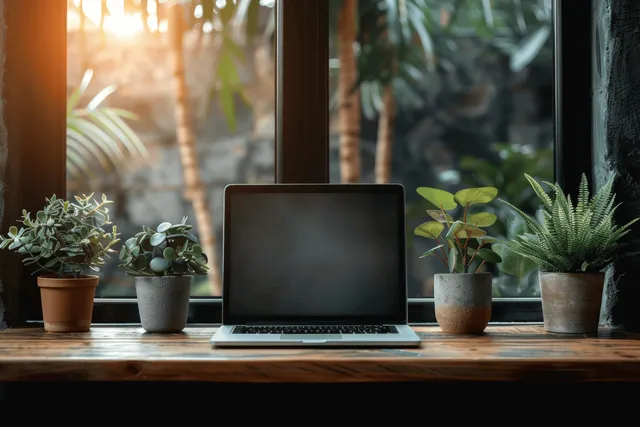 Laptop on wooden desk in sunlit office with potted plants and blurred background
