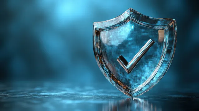 3D blue shield icon with checkmark, floating over a digital security background