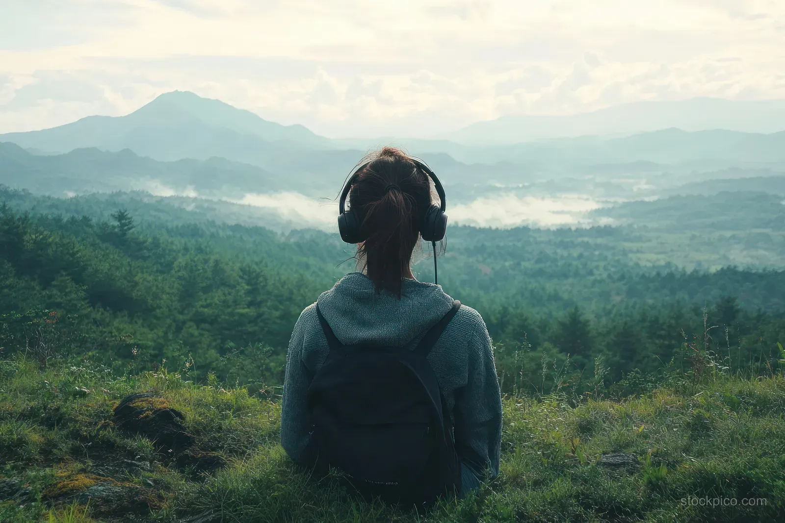 A woman listens with headphones while seated in a grassy field overlooking foggy mountains at sunrise.