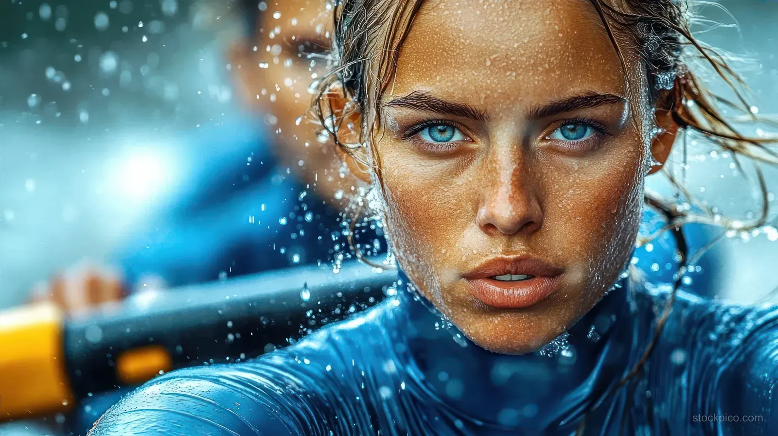 A focused woman in a blue wetsuit grips a paddle while water droplets splash around her wet hair and blue eyes.