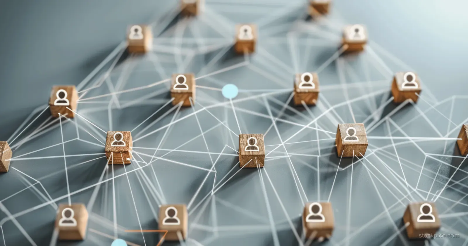 Human icon figures connected by light network lines surround a central red target board on a blue background.