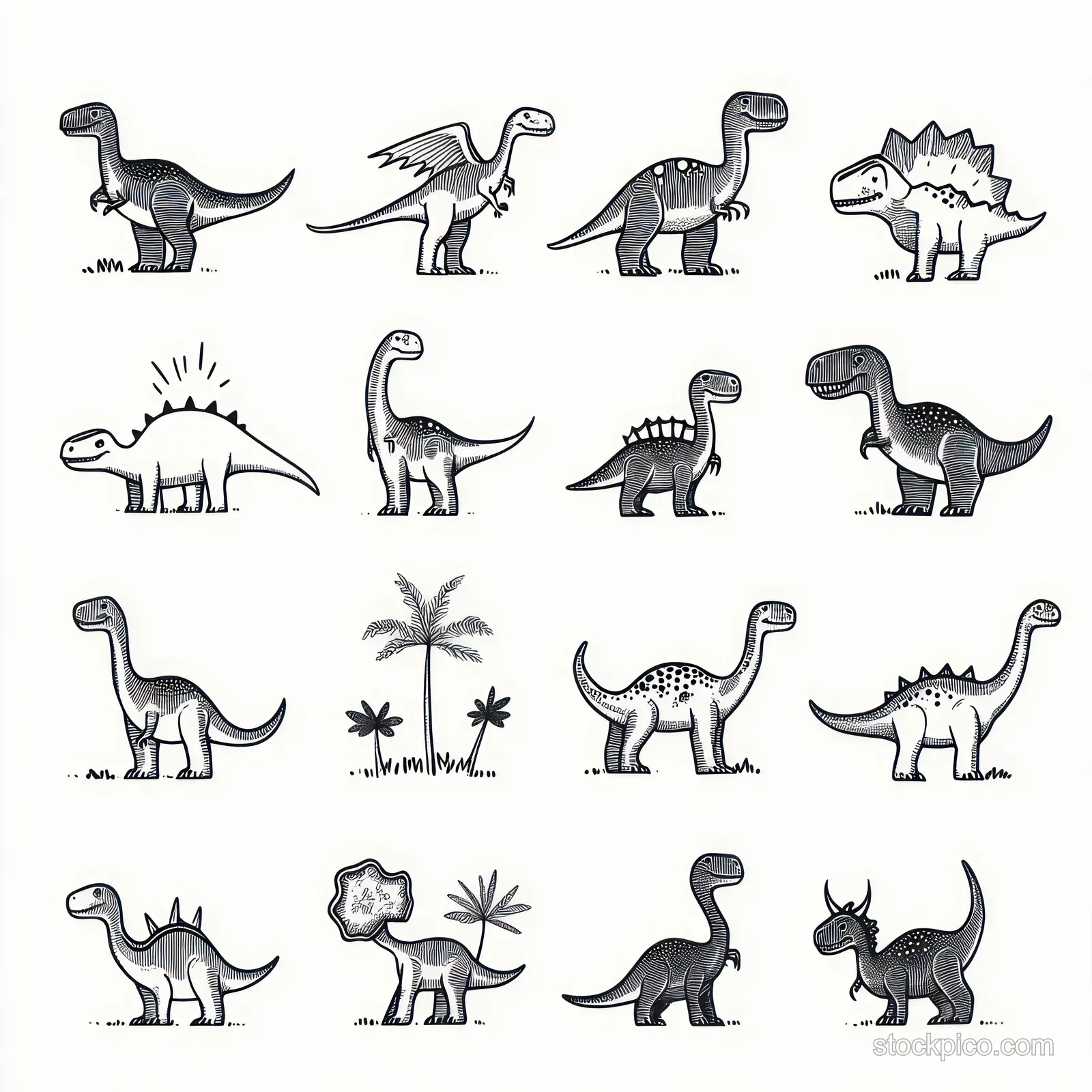 Sixteen black and white dinosaur outline sketches arranged in rows with palm trees and small plants on a white background.
