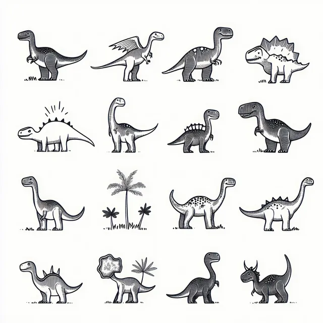 Sixteen black and white dinosaur outline sketches arranged in rows with palm trees and small plants on a white background.