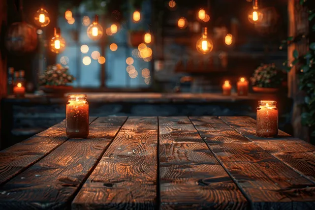 Empty wooden table top with candles and warm bokeh lights in a cozy dark cafe