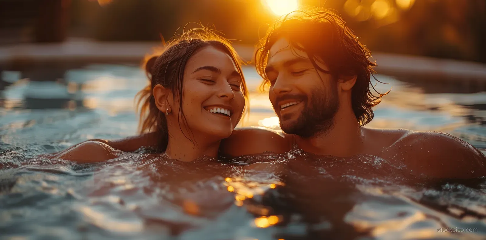 Smiling couple relaxing in a bubbling hot tub at sunset with warm golden light reflecting on the water.