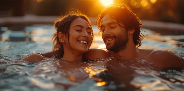 Smiling couple relaxing in a bubbling hot tub at sunset with golden reflections