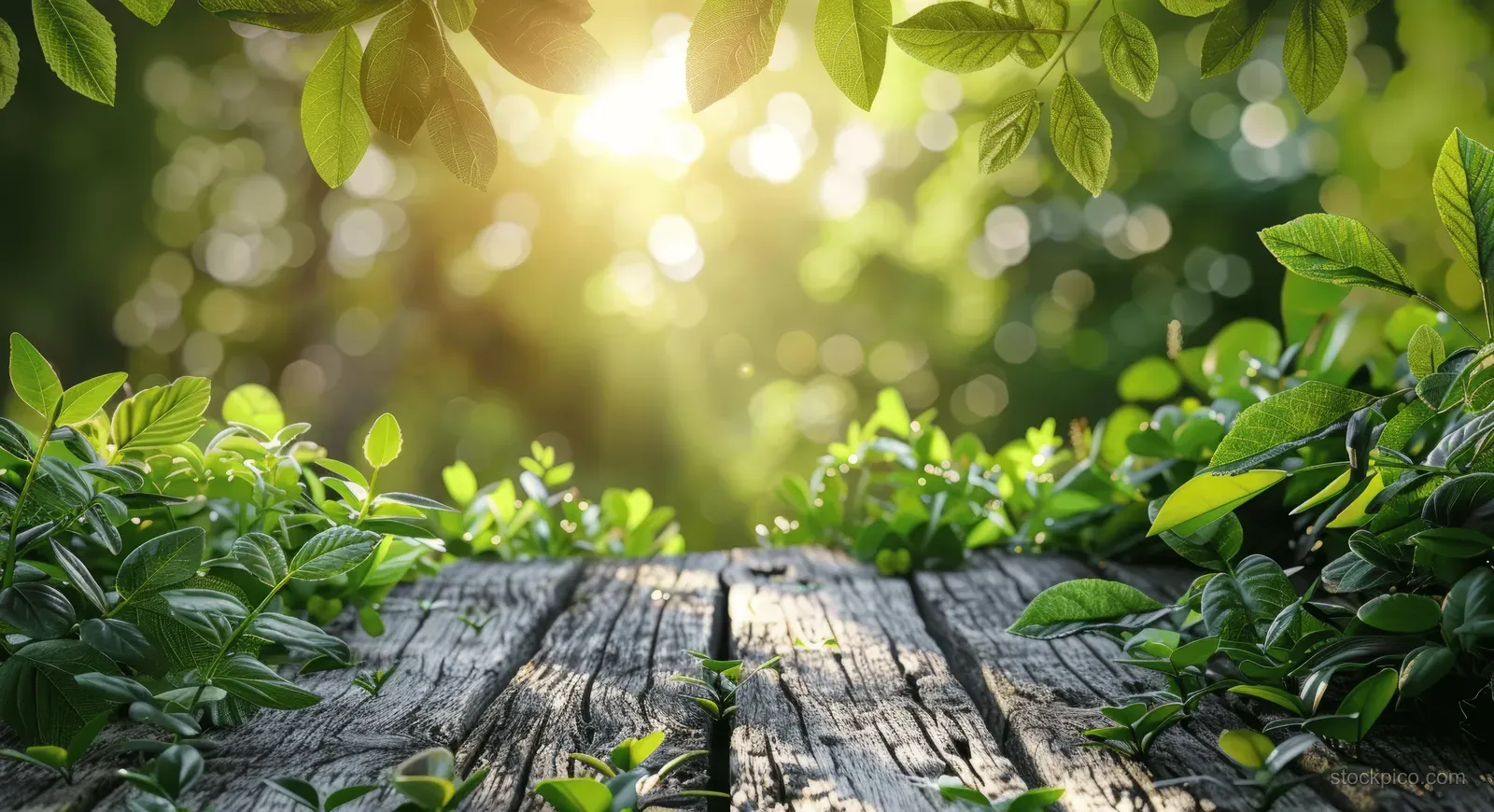 Weathered wooden table with green forest leaves and sunlit bokeh light in the background.