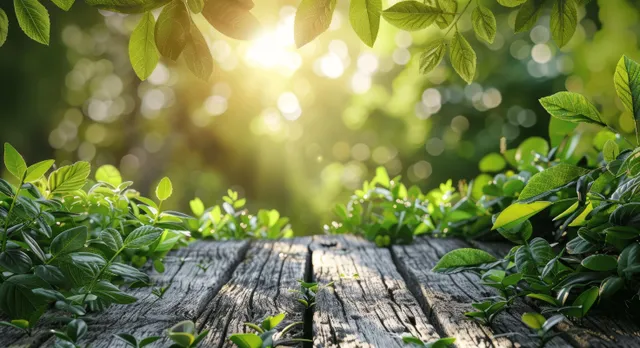 Sunlit forest leaves frame a weathered wooden table with soft green bokeh background with Spring And Summer