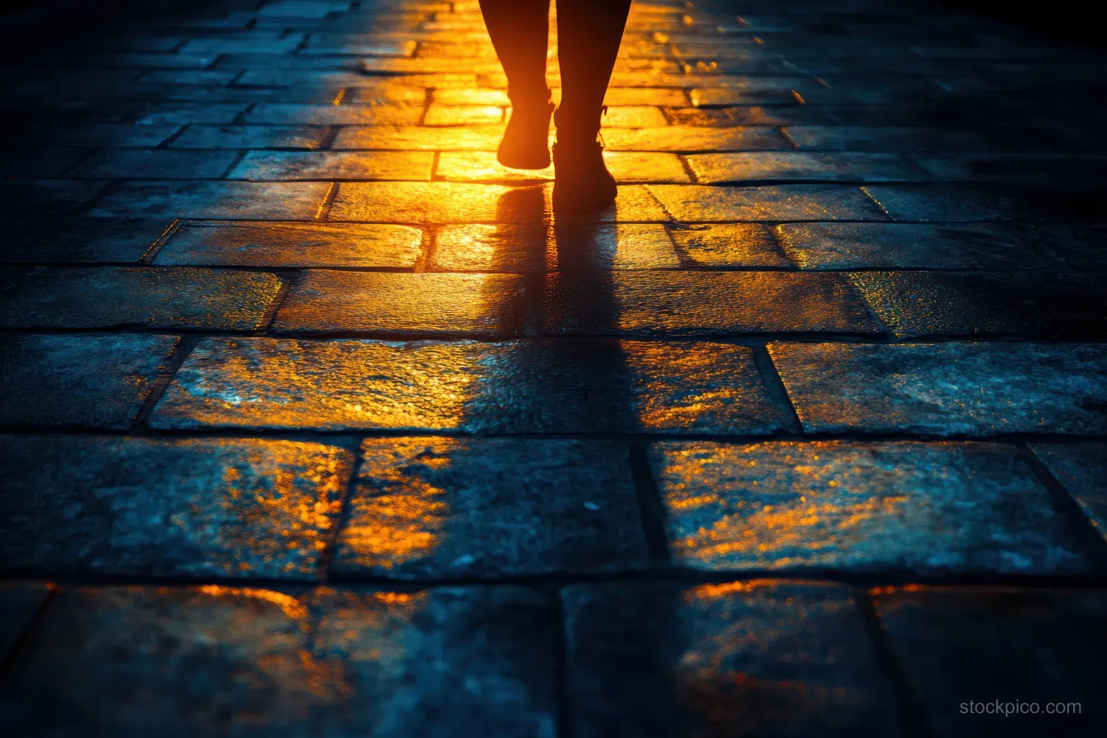 A woman’s legs and sneakers walking forward across sunlit stone pavement with long shadows.