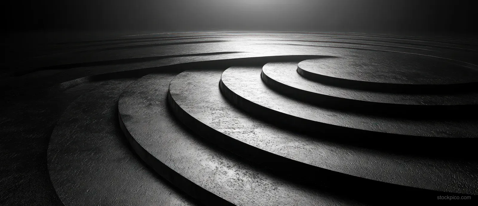 Grayscale concentric curved rings swirl into a textured vortex under soft spotlight lighting.