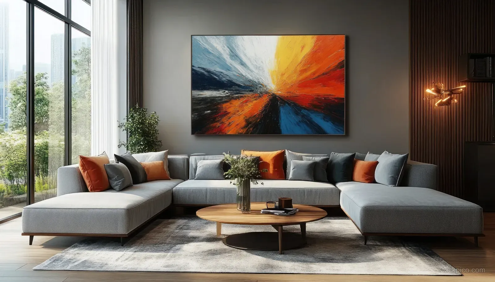 Gray sectional sofa with colorful cushions faces a round wooden coffee table under an abstract painting and floor-to-ceiling windows.