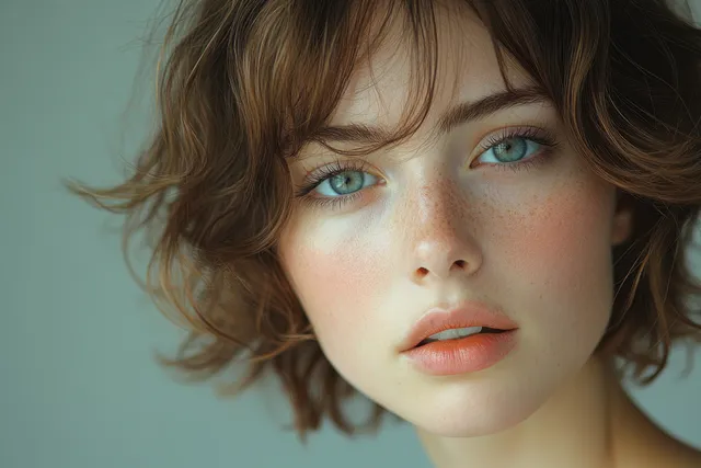 Woman with short wavy hair wearing gold earrings and necklace with precious stones in soft diffused light.