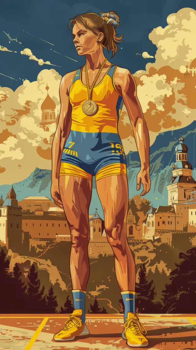 Illustration of a Ukrainian female wrestler on a medal podium holding a gold medal at sunset.