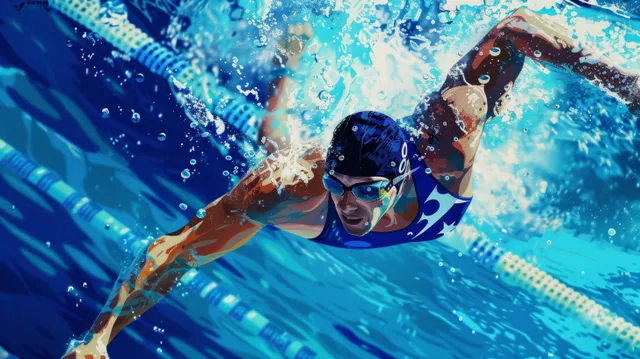 Two male swimmers breaststroke underwater, surrounded by bubbles and glowing lane markings in blue pool water.