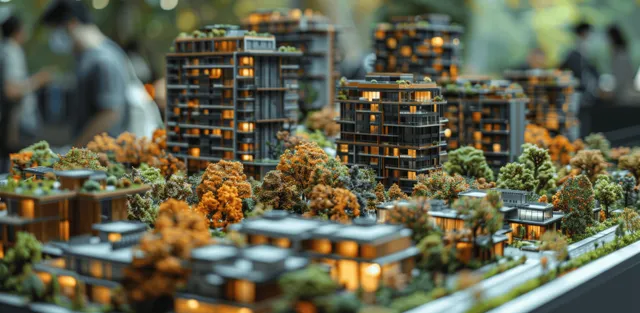 Architects reviewing a detailed scale model of a mixed-use city project on a desk