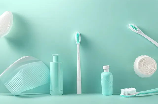 Toothbrushes, cotton pads, rolled cotton, and small bottles arranged on a mint turquoise background.
