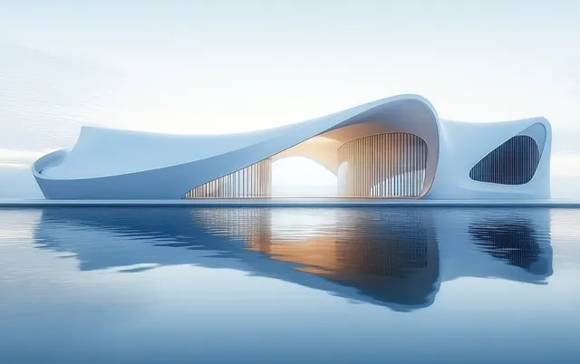A sleek white futuristic building with a curved doorway glows warmly and reflects in a calm lake.