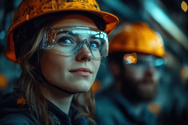 Engineers review factory setup, wearing safety helmets beside glowing machinery control panel.