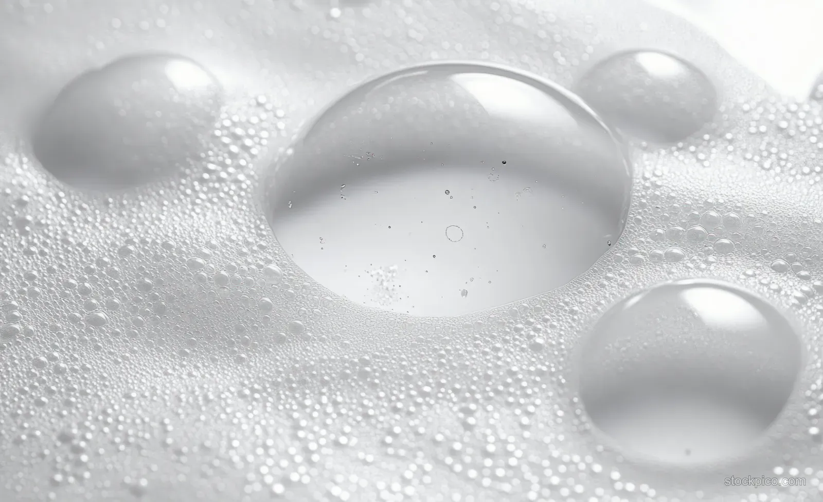 Transparent soap bubbles clustered on white foam with light reflections and smooth spherical shapes.