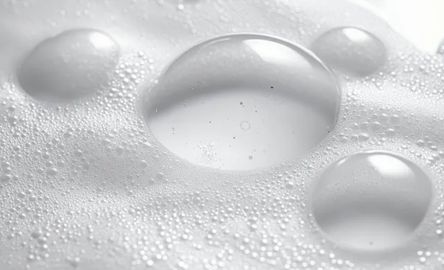 Transparent soap bubbles clustered on white foam with light reflections and smooth spherical shapes.
