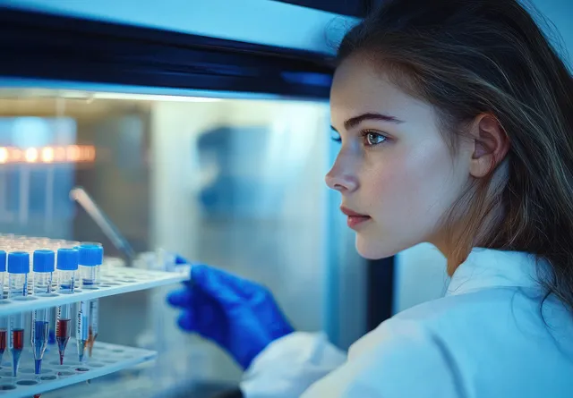 A young woman scientist in a lab coat examines red samples in test tubes at a laboratory bench.