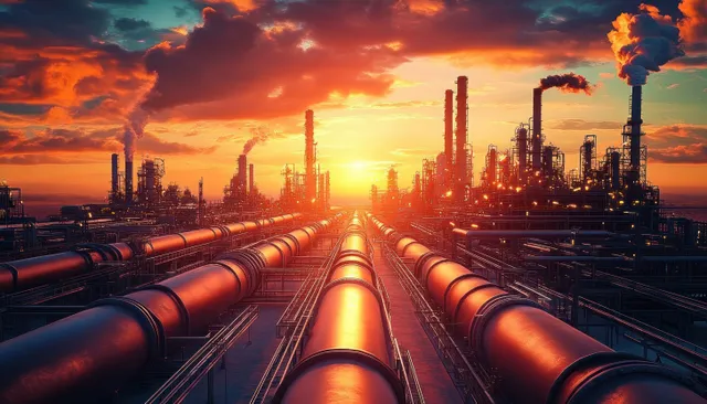 Futuristic oil pipeline grid stretching toward refineries at sunset, glowing steam and smoke