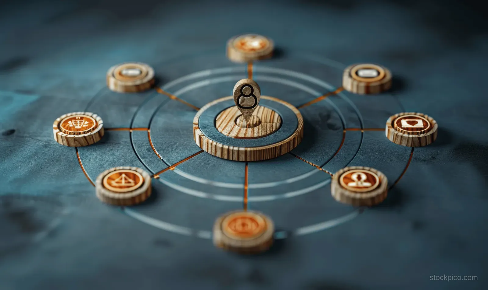 Central human figure icon connected to wooden circular target markers on a blue background.