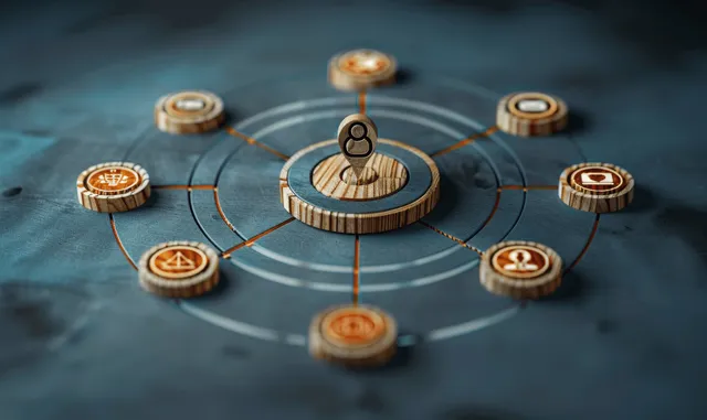 Central human figure icon connected to wooden circular target markers on a blue background.