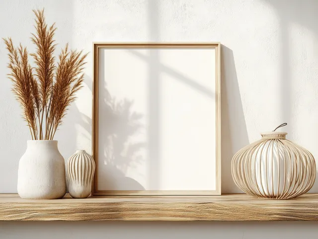 A white picture frame and books sit on a wooden shelf beside dried palm leaves and a wicker lantern.