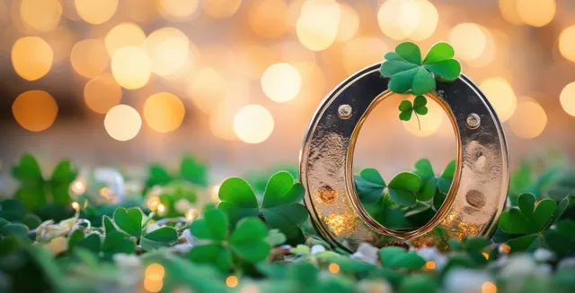 A horseshoe charm surrounded by four-leaf clovers rests on a festive New Year card background with warm bokeh lights.
