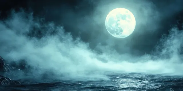 A bright full moon hangs over misty dark water and a rocky cliff at night.
