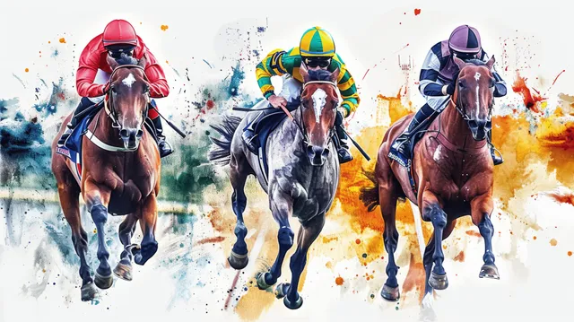 Watercolor jockeys and racehorses sprinting forward with splatter color accents