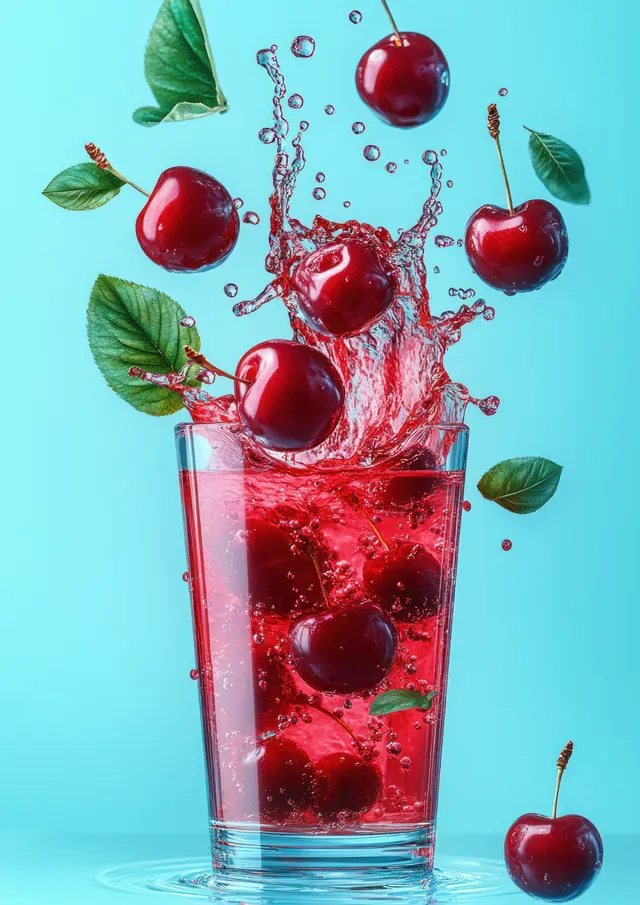 Cherry juice splashing from a glass with flying cherries and green leaves on light blue