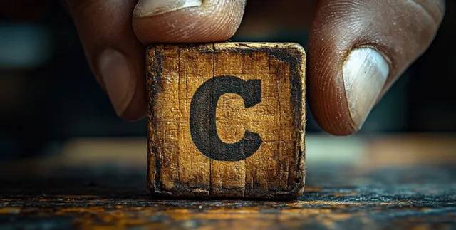 Hand presses wooden letter block with “C” in a gritty insurance symbol scene