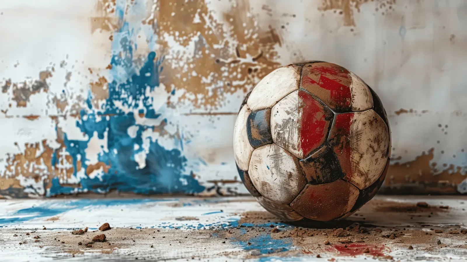 A worn soccer ball sits on a dusty floor beside a damaged wall with blue and sandy paint splashes.