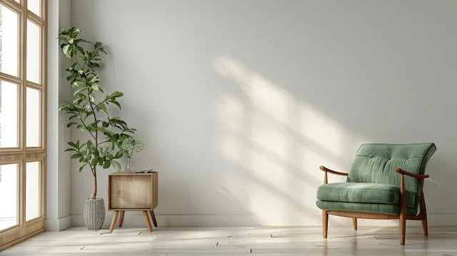 Scandinavian minimalist living room with green armchair, wooden side table, bright empty wall