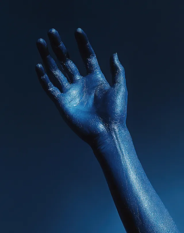 An open hand painted in shimmering blue tones reaches outward against a dark background.