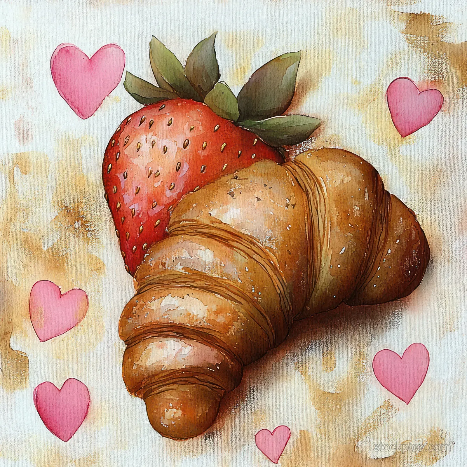 Watercolor croissant with a fresh strawberry, framed by floating pink hearts on a light textured background.