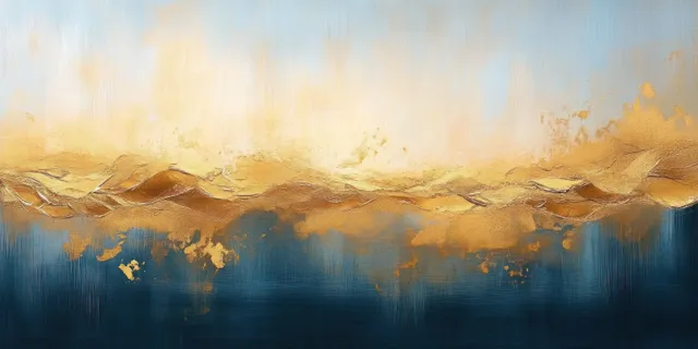 Gold abstract painting with glowing fog and rippling lake reflections, horizontal composition