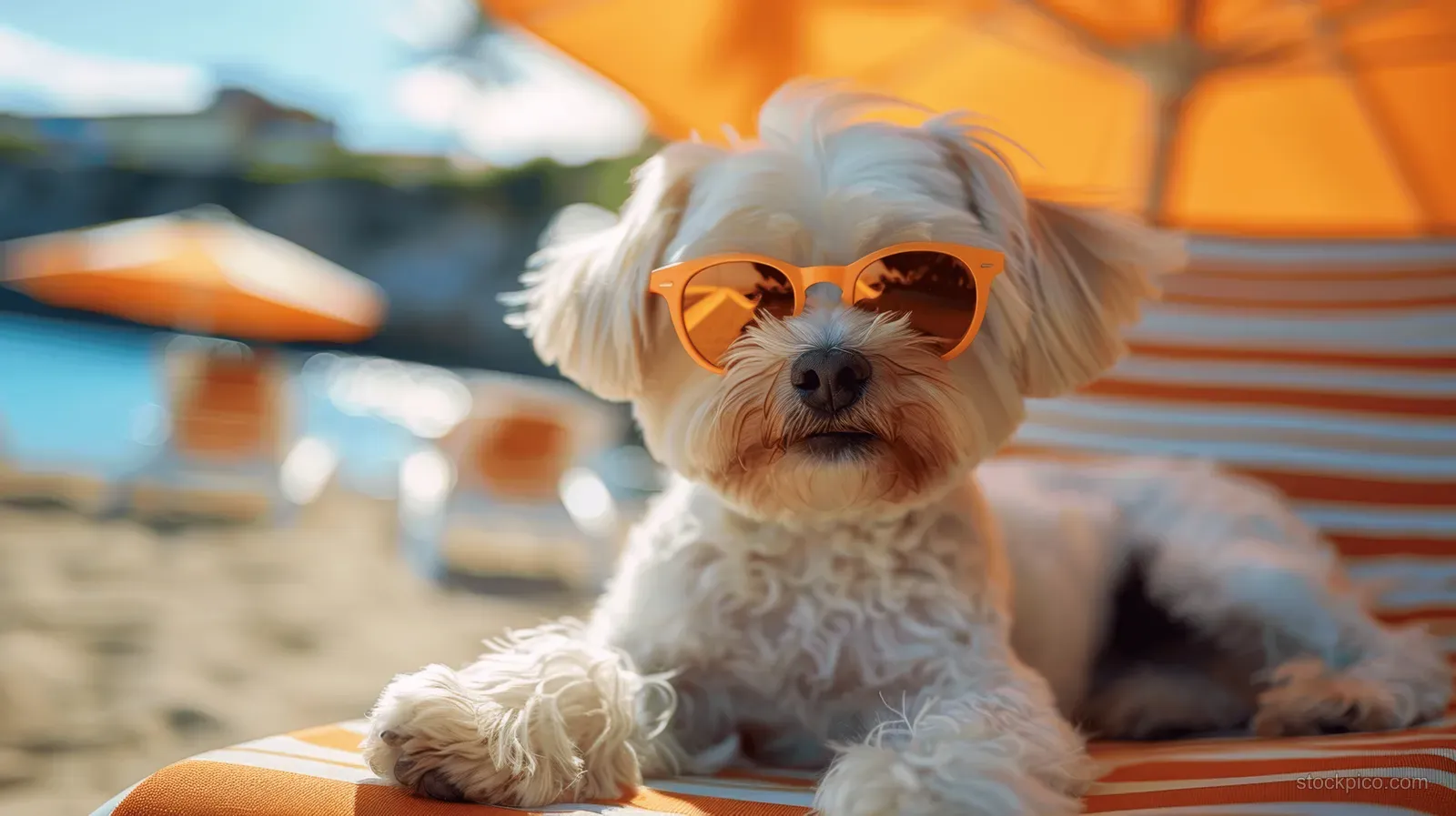 White Havanese dog wearing orange sunglasses lounges on a striped beach chair under an umbrella near the ocean.