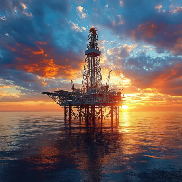 Offshore oil rig silhouette at sunset over calm ocean, with clouds and bright reflections on the water.
