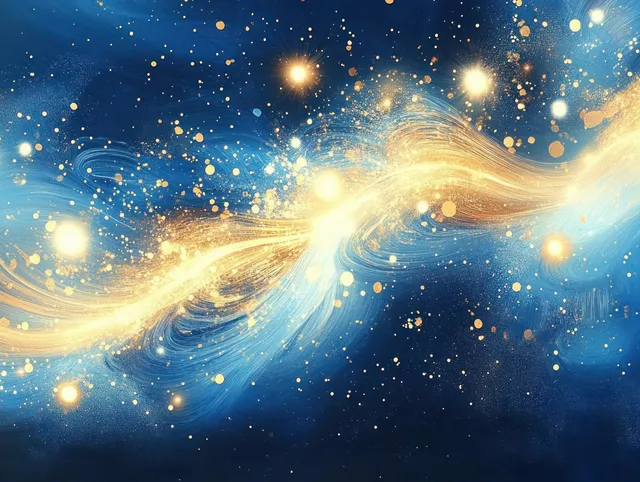 Swirling golden energy streams with glowing orbs across a deep blue starfield