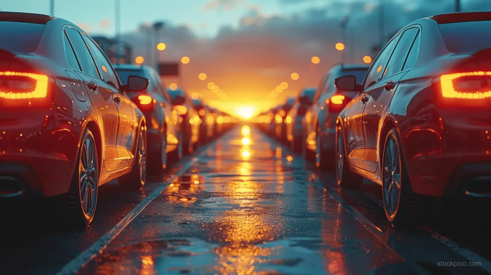 Rows of parked cars on a wet outdoor lot at sunset with glowing taillights and long reflections.