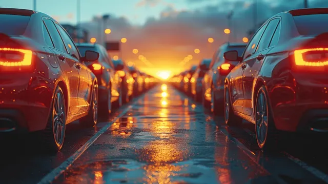 Rows of parked cars on a wet outdoor lot at sunset with glowing taillights and long reflections.