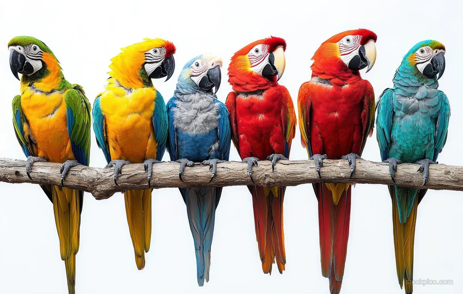 Six colorful parrots perch close together on a wooden branch against a plain white background.