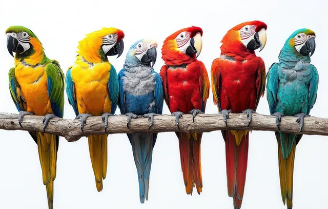 Six colorful parrots perched on a wooden branch against a clean white background